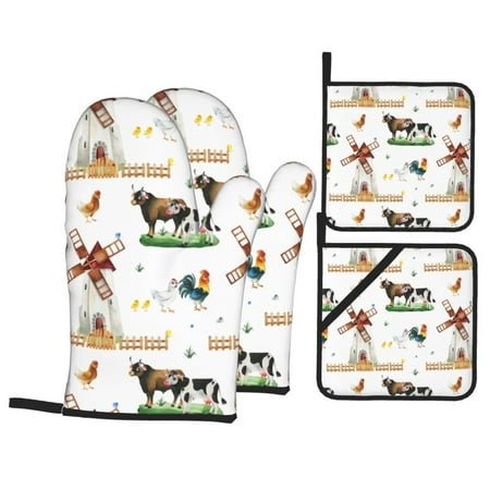 

Oven Mitts and Pot Holders 4 Piece Cute Farm High Heat Slip Resistant Oven Mitt and Trivets Set Kitchen Oven Glove Pot Holders for Cooking Baking Grilling