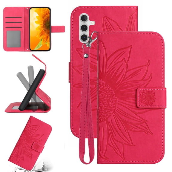 Feishell Slim Wallet Case for Samsung Galaxy A54 5G,for Men Women,Sunflower Embossed Pattern PU Leather Flip Cover Magnetic Closure Folio Card Slots Kickstand Phone Case with Hand Strap,Rose