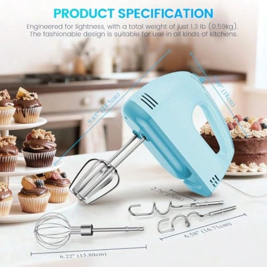 Hand Mixer Electric Ultra Power Kitchen Hand Mixer With 7-Speed and 5 Stainless Steel Accessories for Whipping Dough Cream Cake Dishwasher Safe Blue