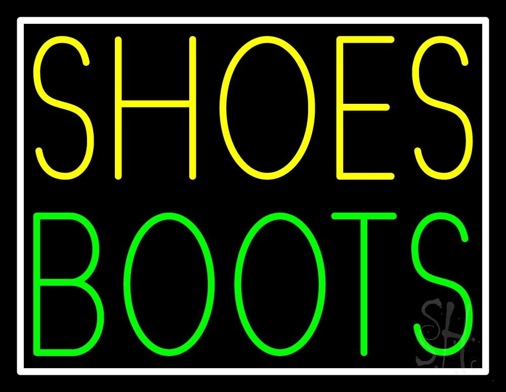Yellow Shoes Green Boots With Border LED Neon Sign 24 x 31 inches, Black Square Cut Acrylic