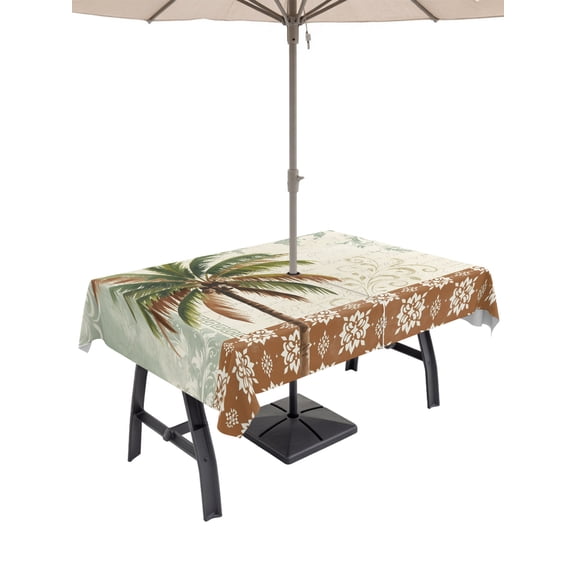 Outdoor Tablecloth with Umbrella Hole for Patio/Picnic/Party/Camping, Summer Palm Tree Waterproof Table Cloth Rectangle Table Cover Washable, Vintage Tropical Botanical Boho Floral (60"x 102")