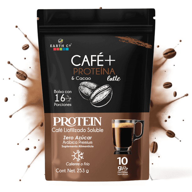 Earth Co Café + Proteína & Cacao Latte | 10g Proteína | Sin Azúcar | Café Soluble Fitness | 16 Porciones