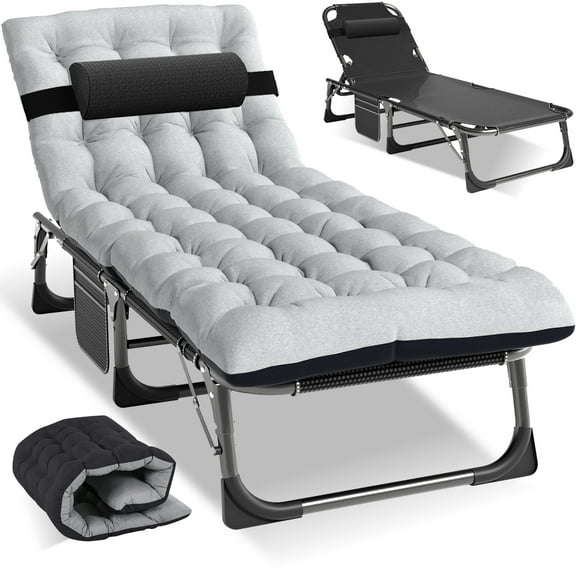 Lilypelle Folding Lounge Chair for Adults, Adjustable 4-fold Reclining Folding Chaise with Pillow, Outdoor Portable Sleeping Cots,Black