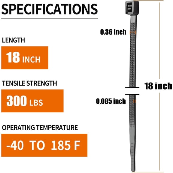 UYWGF-18 Inch Black Zip Ties Heavy Duty 100 Pack Long Cable Ties, 300 LBS Ultra Strong Tensile Strength, Self-Locking UV Resistant for Indoor and Outdoor Use