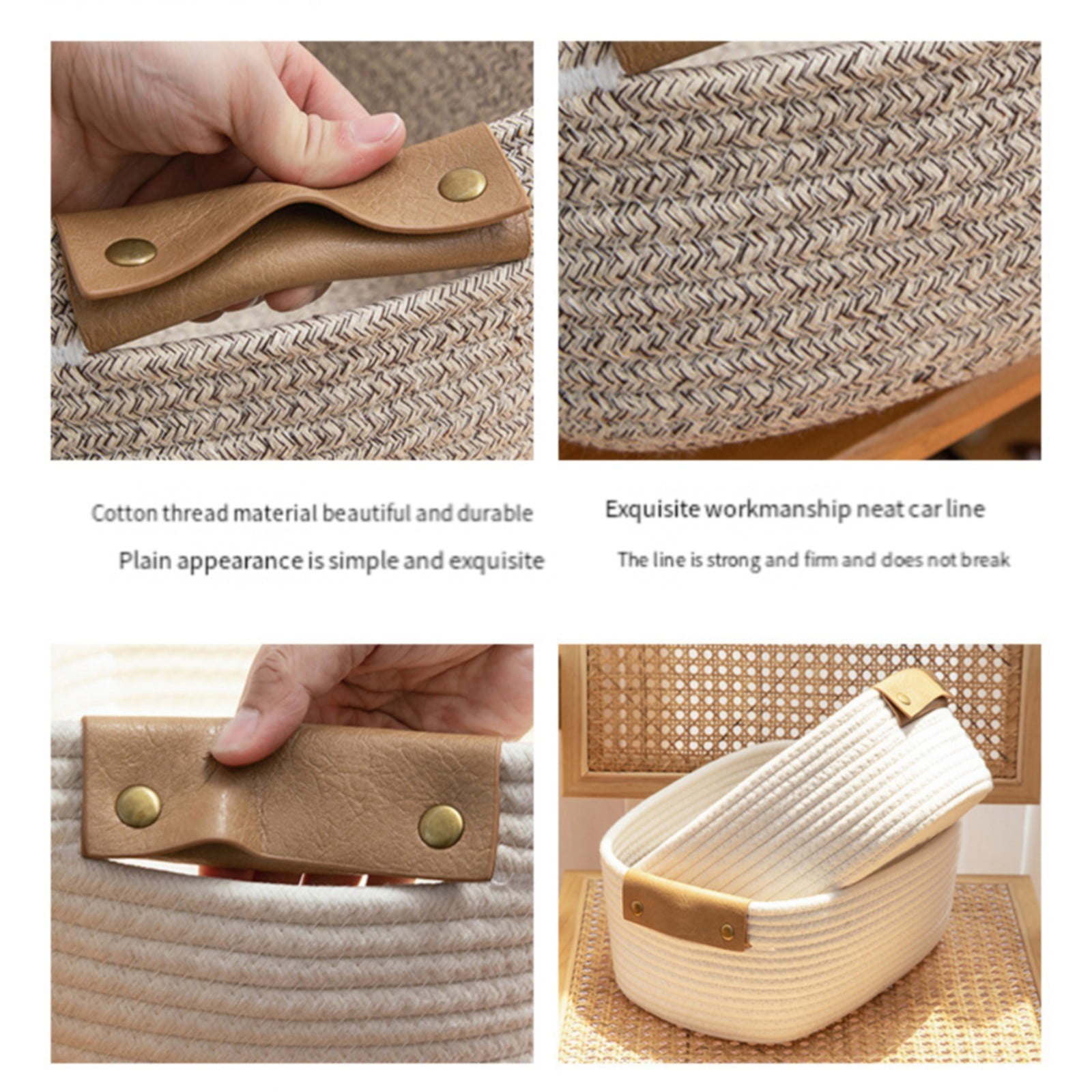 Cotton Woven Basket with PU Leather Handle, Clothes Toys Candy Gifts Cotton Rope Organizer, Living Room Basket Bathroom Shower Storage Laundry Basket, Dog Cat Bed, Fall Basket, 11.02x8.66x4.33"