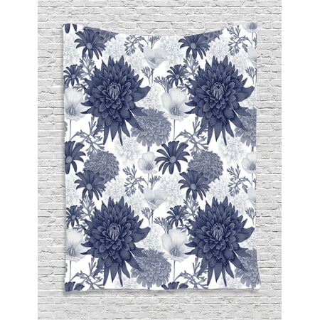Dahlia Flower Decor Tapestry, Dotted Digital Paint of Dahlias Botanical Curved Rolled Wild Ray Blunts, Wall Hanging for Bedroom Living Room Dorm Decor, 60W X 80L Inches, Blue White, by (Best Cigars To Roll Blunts)