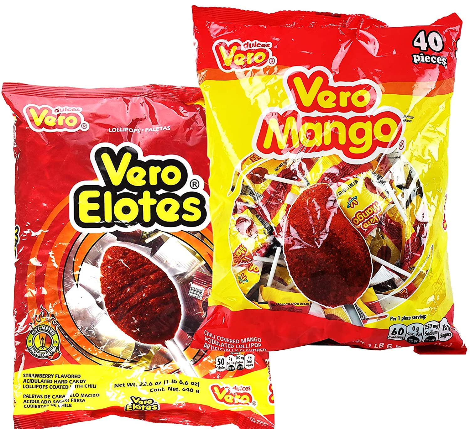 Vero Elotes Paletas Sabor Fresa and Vero Mango Con Chile Lollipop Assortment - Mexican Hard Candy Chili Pops 40 Pcs each - Variety Pack of 2 (Mango & Elotes)