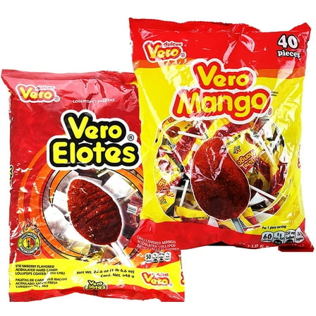 Vero Elotes Paletas Sabor Fresa and Vero Mango Con Chile Lollipop Assortment - Mexican Hard Candy Chili Pops 40 Pcs each - Variety Pack of 2 (Mango and Elotes)