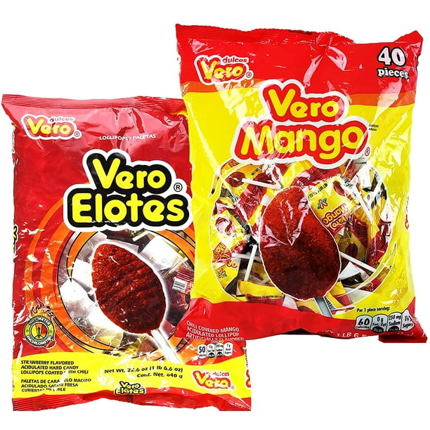 Vero Elotes Paletas Sabor Fresa and Vero Mango Con Chile Lollipop  Assortment - Mexican Hard Candy Chili Pops 40 Pcs each - Variety Pack of 2  (Mango and Elotes) 