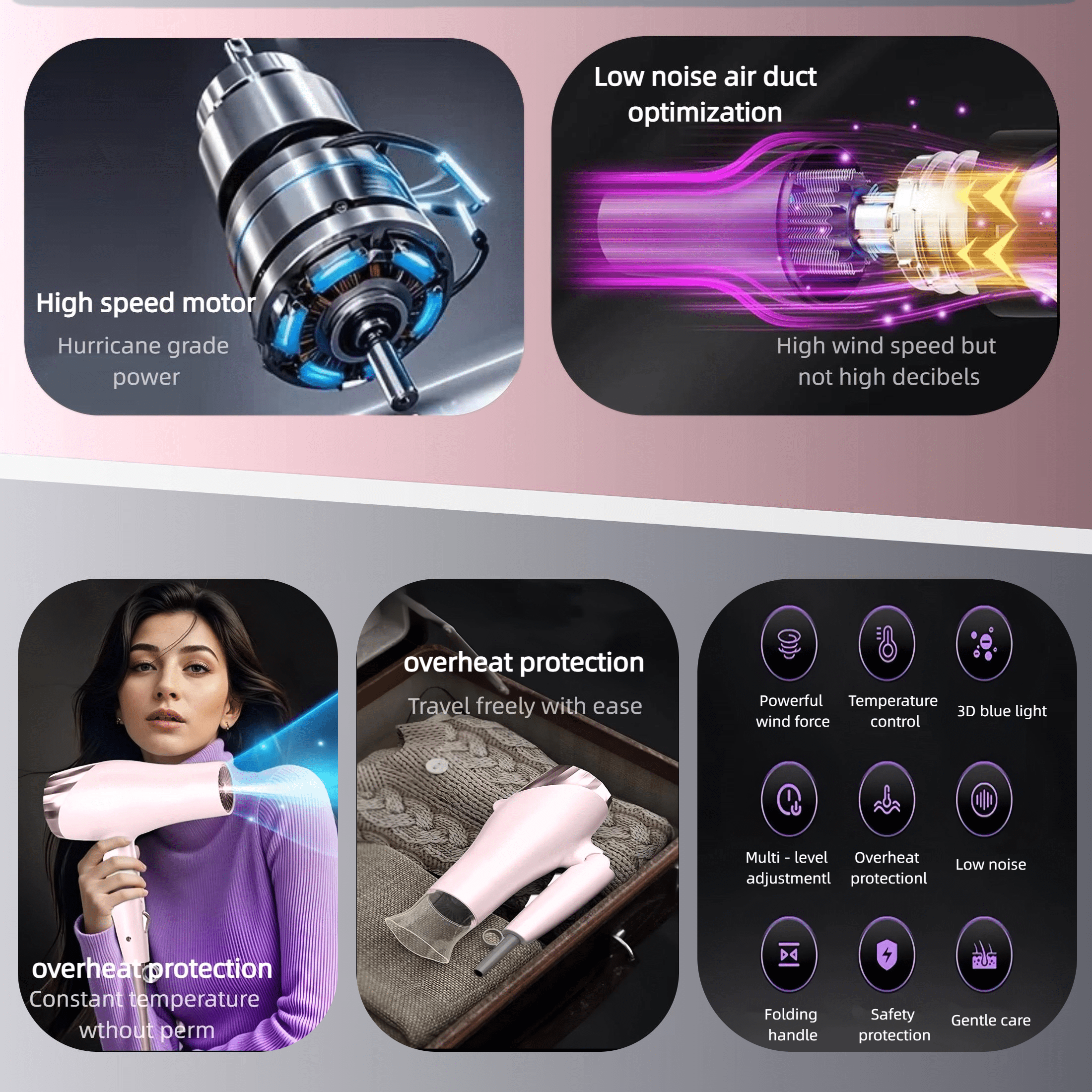 Foldable Hair Dryer with 8 Accessories ，Compact Design for Home and Travel |,Fast Drying Gift Set for Women/Men,Pink