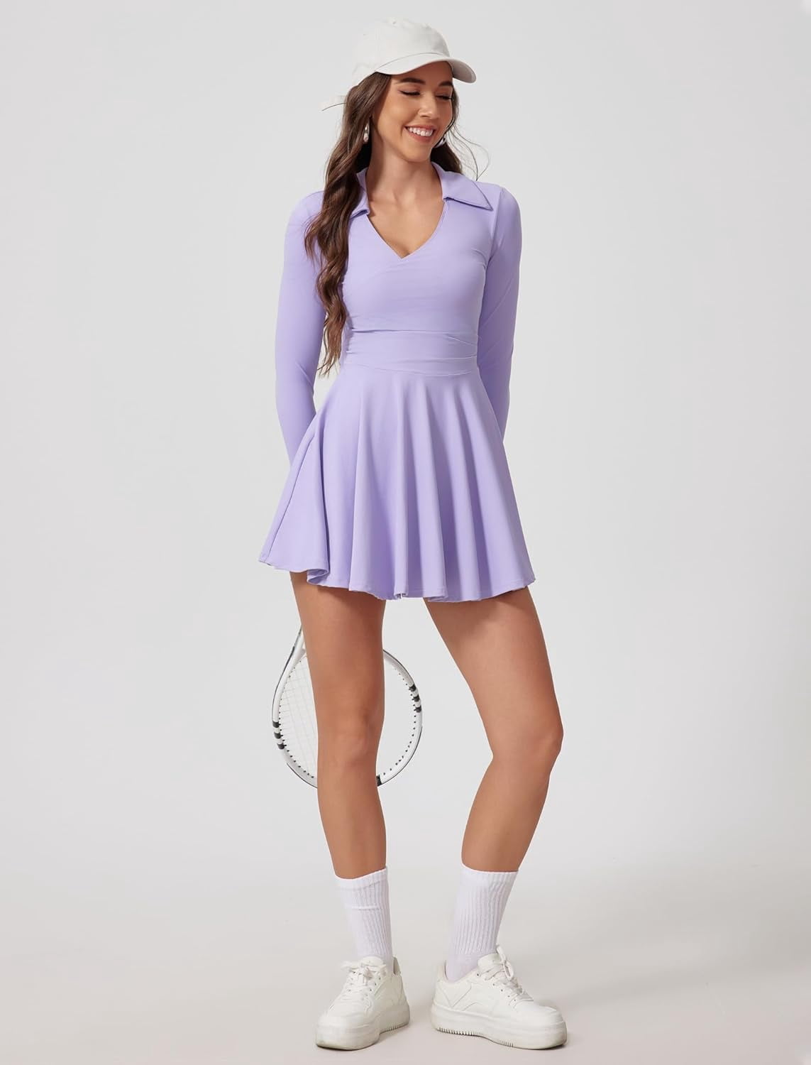 PISONIC Womens Tennis Dress Polo Collar Long Sleeve A-line Mini Exercise Athletic Dresses with Pockets Shorts