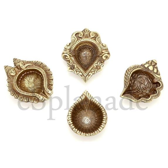 eSplanade Auspicious Diya Set of 4 - Deepak Deepam Oil Lamp - Ganesha & Laxmi Embossed, Conch Design Swastik Design | Pooja Articles for Home & Office | Home Decor | Brass - 2.5" x 3.5" Inches