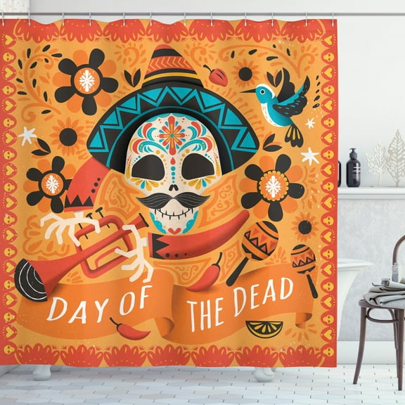 Ambesonne Sugar Skull Shower Curtain, Trumpet Player, 69"Wx84"L, Multicolor