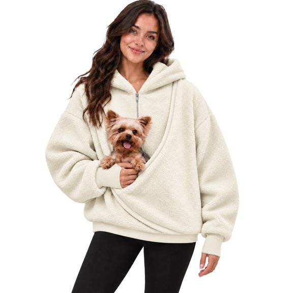 laqbezok Dog Carrier Hoodie with Kangaroo Pouch for Small Dogs & Cats, Quarter-Zip Fleece Sweatshirt, Hands Free Puppy Sling & Cozy Pet Pullover for Travel, Beige L
