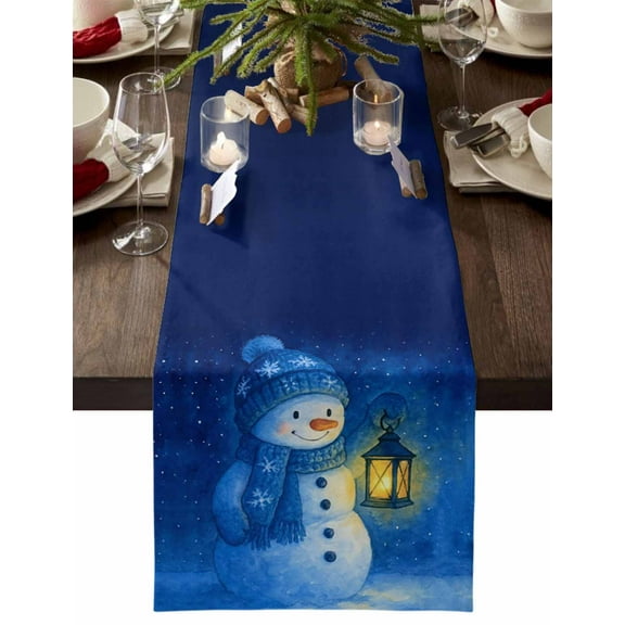 Christmas Table Runner Blue Snowman Table Runners Light Snowflake Sky Night Cotton Linen Dresser Scarf Kitchen Dining Table Decor for Christmas Holiday Party Decor 13x36 Inch