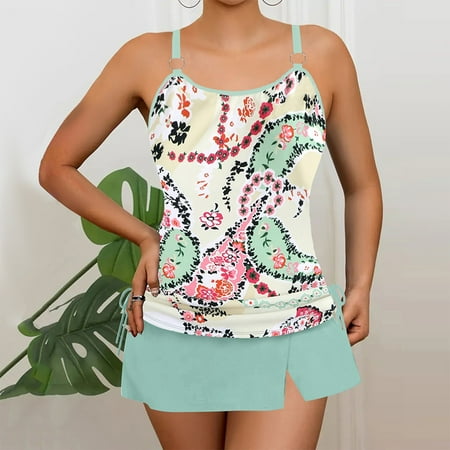 Xixinqiwan Tankini Swimsuit for Women Floral Two Piece Bathing Suit Swimwear Pleated Tank Top Swimwear with Boyshorts Green 4XL