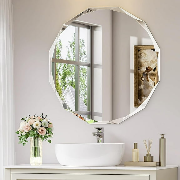 24"x24" Frameless Round Bathroom Mirror, Faceted Beveled Circle Vanity Mirror with Support Back Panel, Decorative Wall Mirror for Over Sink, Bedroom, Entryway