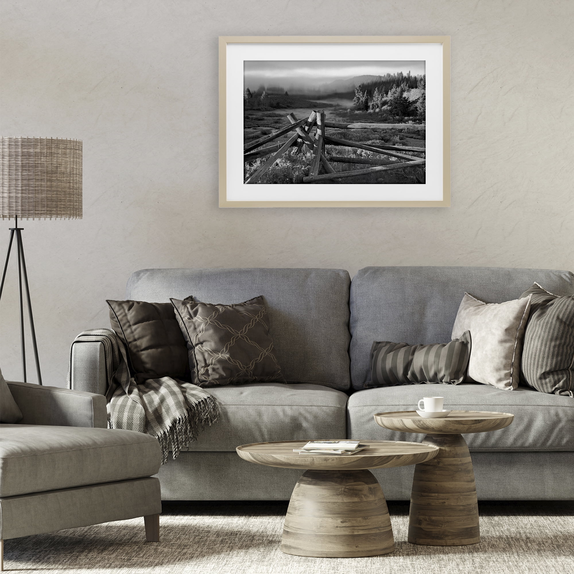 Grand Tetons Fence Beyond Birch Framed Print Under Glass, design by MJ Photography