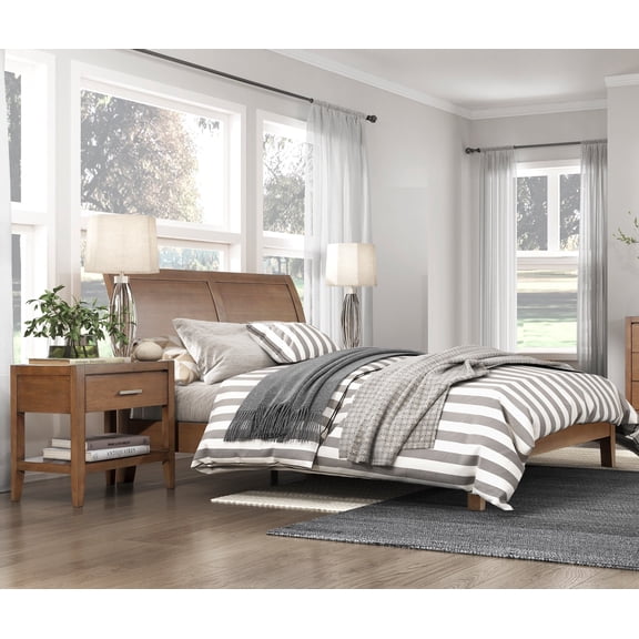 Light Brown Finish 3pc Bedroom Set Queen Platform Bed and Nightstands Wooden Furniture