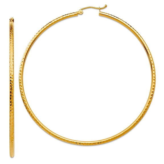 10k Solid Yellow Gold Sparkle-Cut 2mm Round Tube Hoop Earrings 65mm Long 2mm Thick Hoop Earring for Women