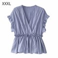 thumbnail image 1 of Camisa de mujer Cuello en V Manga corta Blusa de rayas con volantes Top casual, Azul, 3XL kenally AP001462-23, 1 of 7