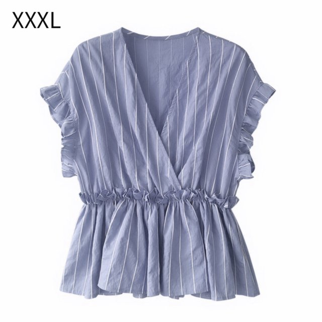 Camisa de mujer Cuello en V Manga corta Blusa de rayas con volantes Top casual, Azul, 3XL kenally AP001462-23