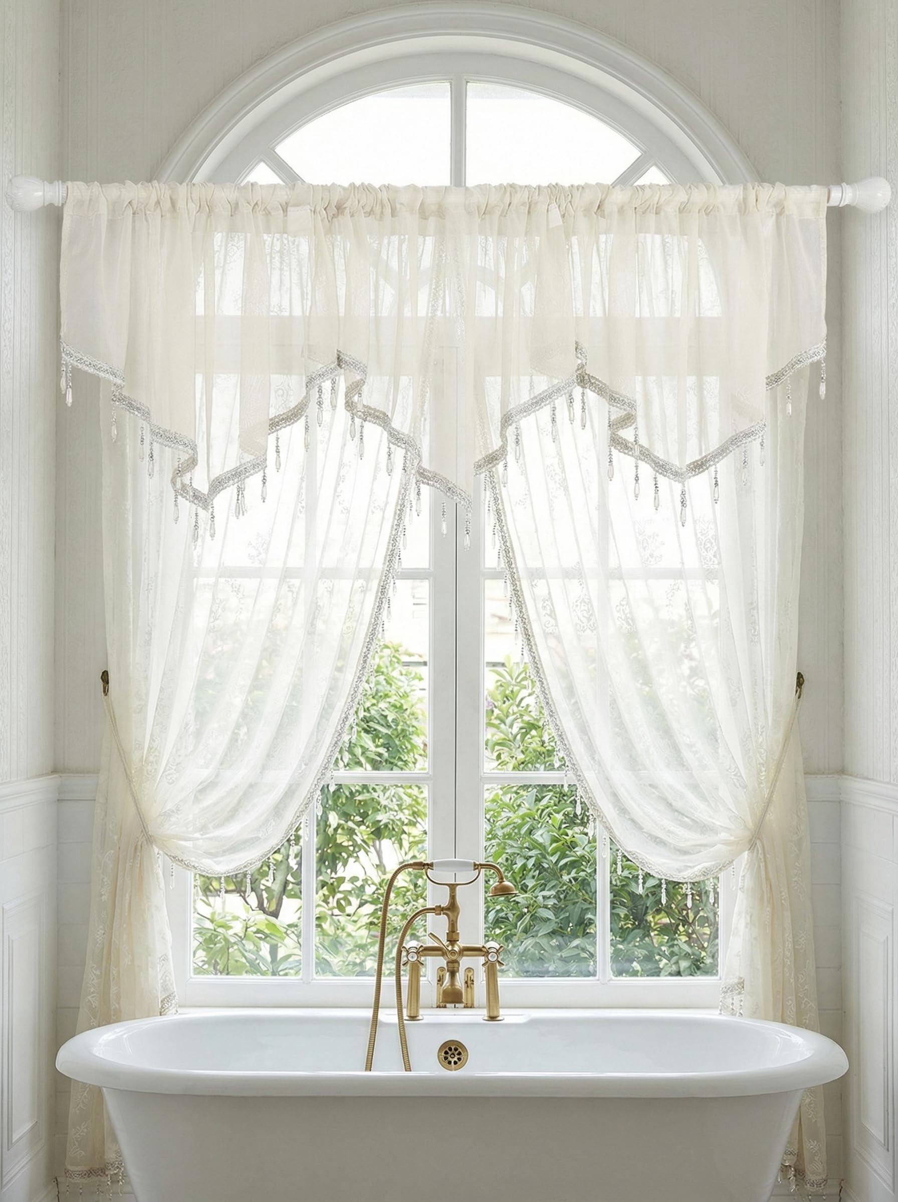 Swag Curtain Rod Pocket Scalloped Valance Sheer Lace Panel with Hanging Crystal Beads for Kitchen Bedroom Window Treatment Drape Decor 51x23 Inch White