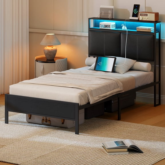 HOOBRO Full Bed Frame with Storage Headboard & Charging Station, Black
