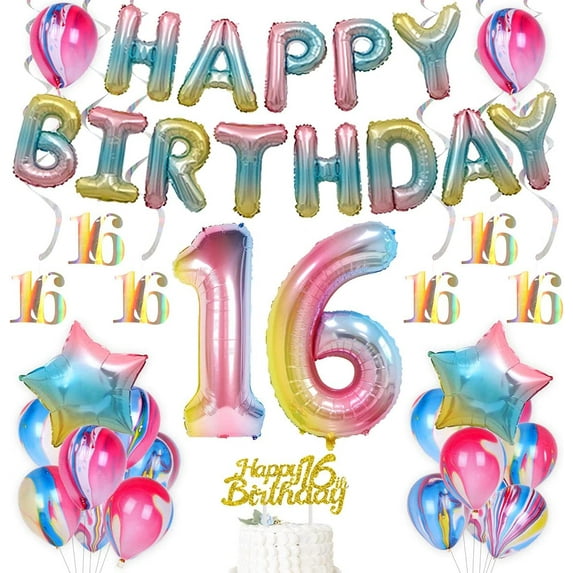 16th Birthday Decorations for Girls Rainbow Party Supplies - Sweet Sixteen Birthday Decorations Include Number 16 Foil Balloons, Happy 16th Birthday Cake Topper, Star Balloons, Hanging Swirls