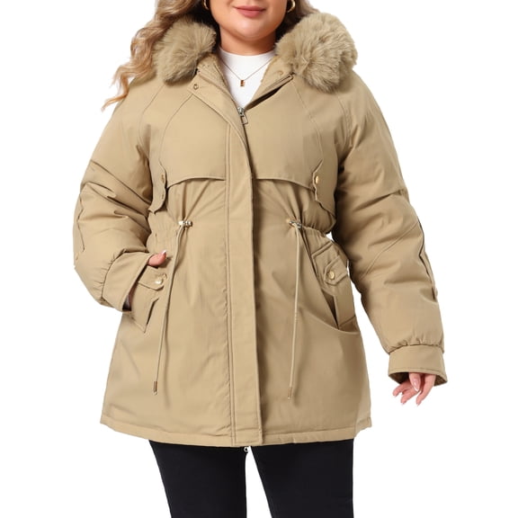 Agnes Orinda Women's Plus Size Trench Coats Drawstring Waist Zipper Rain Windbreaker Detachable Hood Winter Jackets with Pocket 3X Khaki