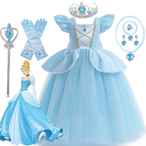【Uhome】10Pcs Cinderella Costume for Girls Kids Blue Princess Dress with Accessories Halloween Birthday Party Outfits
