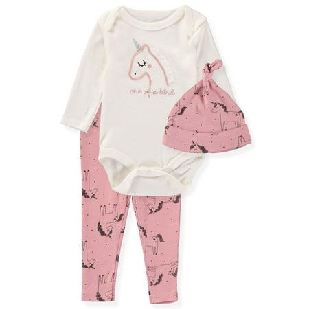 Bon Bebe Baby Girls 0-9 Months Unicorn Bodysuit Pant Set with Hat(Pink 6-9 Months)