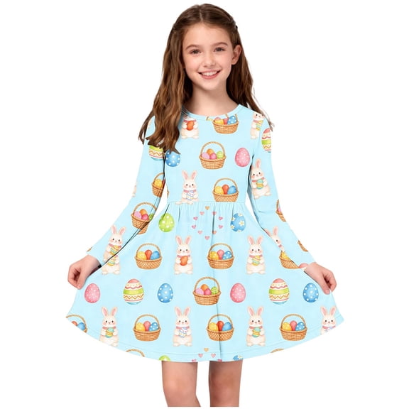 Girls Long Sleeve Stretchy Dress A Line Twirly Skater School Recital Dress Long Sleeve Round Neck Dress
