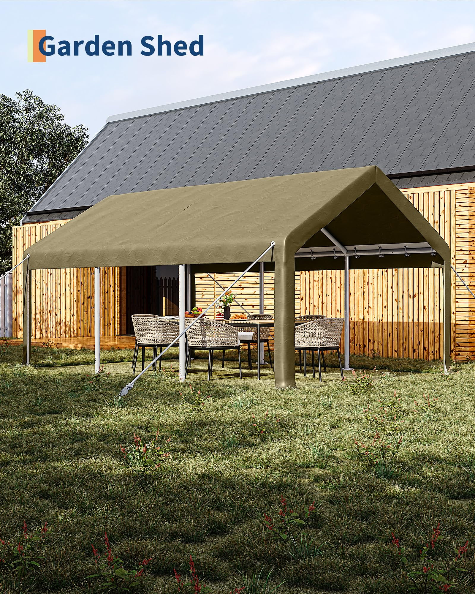 Gaderth 10x20 ft Portable Garage, Car Port with 200 g PE Tarp Cover, with Front & Rear Roll-Up Doors and 4 Windows, for Temporary Paint Booth, Boats&Pickups Shed, and Event Shelter