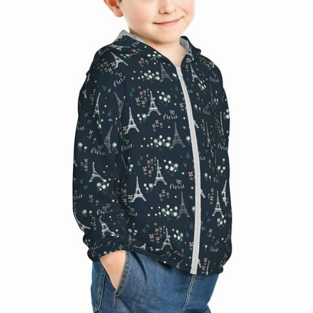 

Uemuo Romantic Eiffel Tower Pattern Rash Guard for Boys Girls Long Sleeve Swim Shirts UPF 50+ UV Sun Protection Hooded Fishing Shirt with Pocket for Kid-5 Years