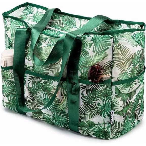 Large Beach Tote with Top Zipper, 9 Pockets, Inner Waterproof Pocket for Family