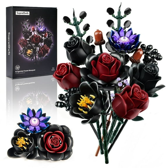 Black Burgundy Red Rose Bouquet Building Set, Compatible with Lego Flowers for Adults - Christmas Botanical Collection - Gothic Artificial Flowers Home Decor