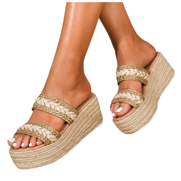 Platform Slides for Women Braided Double Band Espadrilles Sandals Slip on Wedges Classic Summer Beach Vacation Dress Shoes Gold Size 7.5