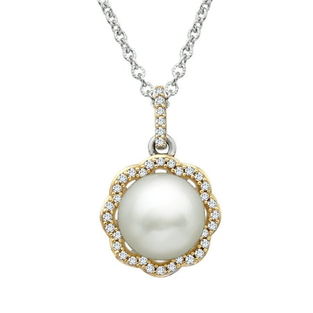 Freshwater Pearl & 1/5 ct Diamond Drop Pendant Necklace in Sterling Silver and 14kt Gold