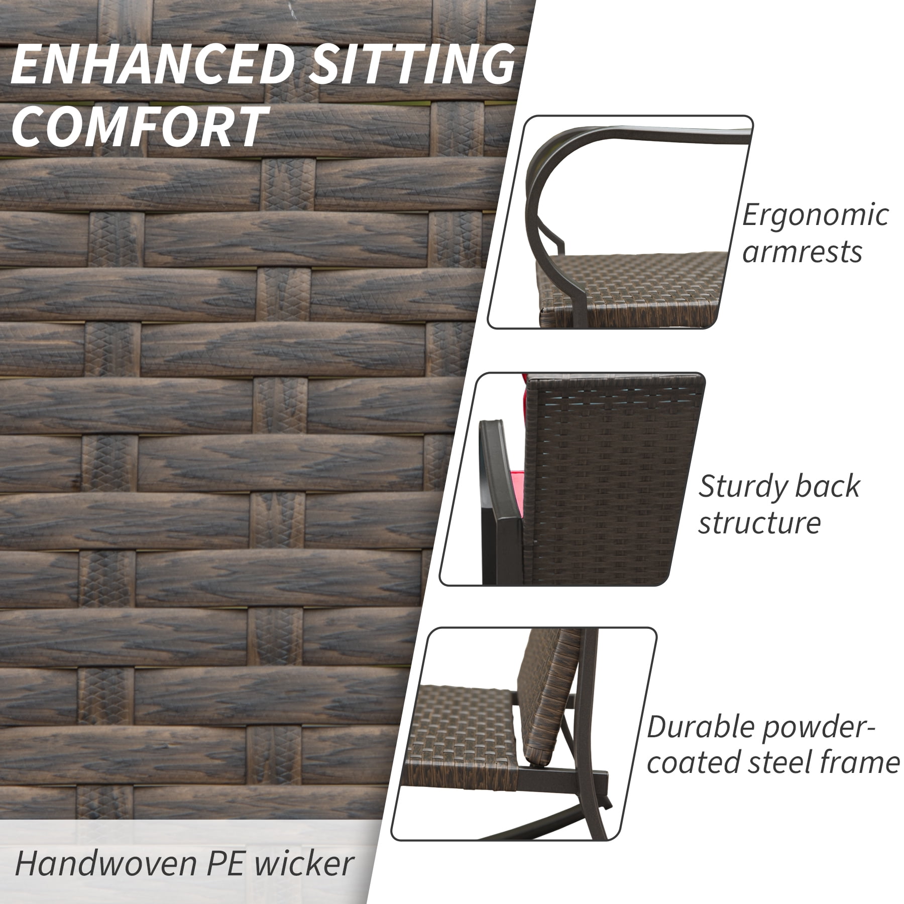 Leumius 3-Piece Outdoor Rocking Chair Set,Wicker Rocking Bistro Patio Set with Cushions & Table for Backyard, Porch, Balcony, Poolside,Red