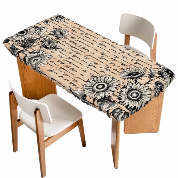 Vintage Sunflower Table Cloths for 6 Foot Rectangle Tables, Farmhouse Country Floral Plant Patio Waterproof Elastic Fitted Tablecloths, Washable Rectangular Table Cover for Camping