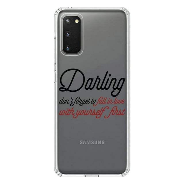 DistinctInk Clear Shockproof Hybrid Case for Galaxy S20 / S20 5G (6.2" Screen) - TPU Bumper Acrylic Back Tempered Glass Screen Protector - Darling Don't Forget to Fall In Love with Yourself