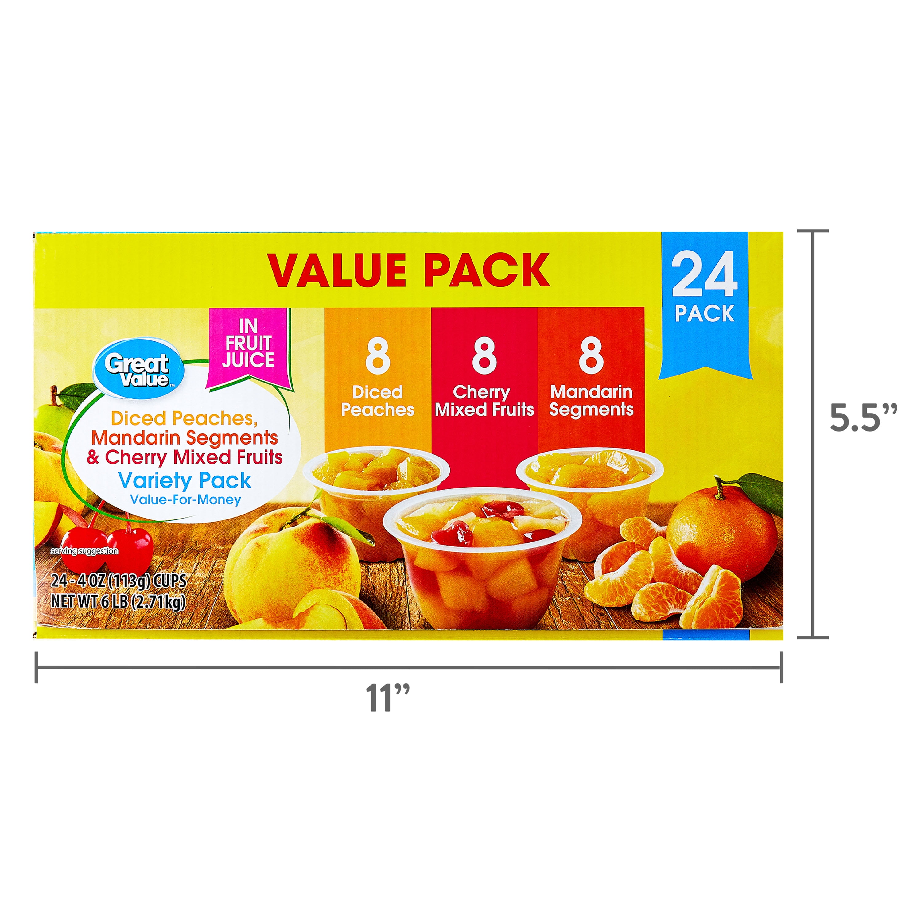 (2 pack) Great Value Diced Peaches, Mandarin Segments & Cherry Mixed Fruits Variety Pack, 4 oz, 24 Count
