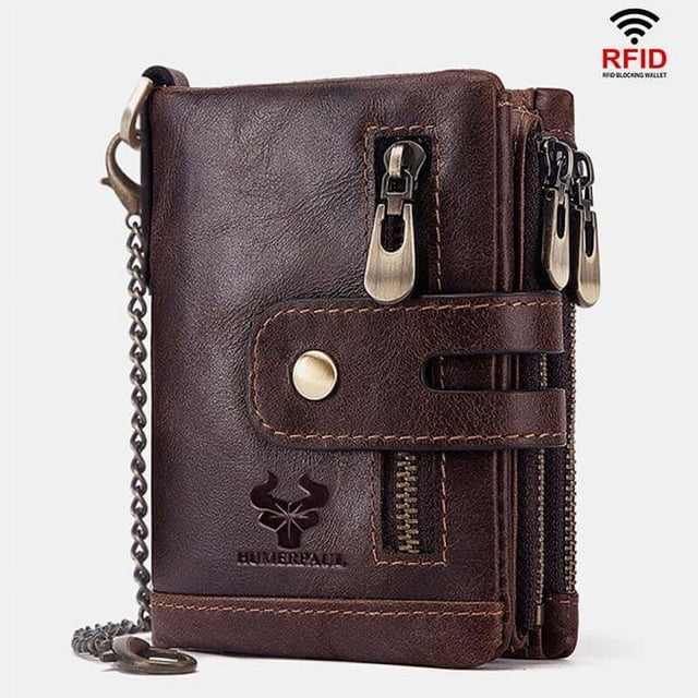 DEFNES Cartera Antirrobo con Cremallera Antirrobo RFID De Cuero Genuino para Hombres con Cadena - Café,Coffee