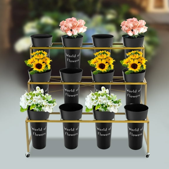 Heavy Duty 3 Tiers Moving Shelf Plant Stand Metal Flower Display Rack   12 Bucket