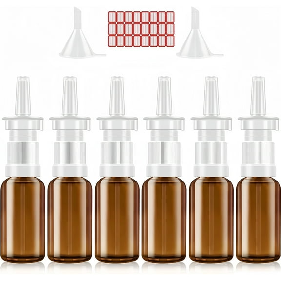 Nasal Spray Bottle, 6 Pcs 30ML/1oz Glass Amber Refillable Fine Mist Sprayers Atomizers, Small Empty Nasal Sprayer with Funnels and Labels