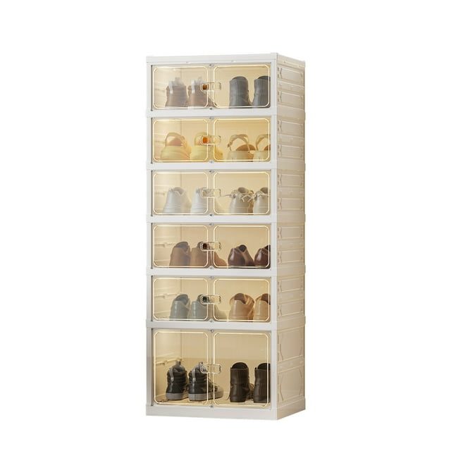 6 Tier Foldable Shoe Rack Organizer for Closet 6-12Pairs Plastic Clear Collapsible Shoe Shelf For Front Door Entrance, Stackable Folding Shoes Storage Boxes Dustproof