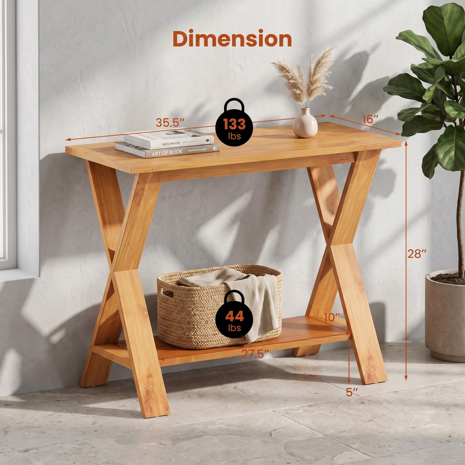 Furnibear 35 Inch Solid Teak Wood Console Table with Open Storage Shelf and X-Shaped Legs for Entryway and Living Room, Natural