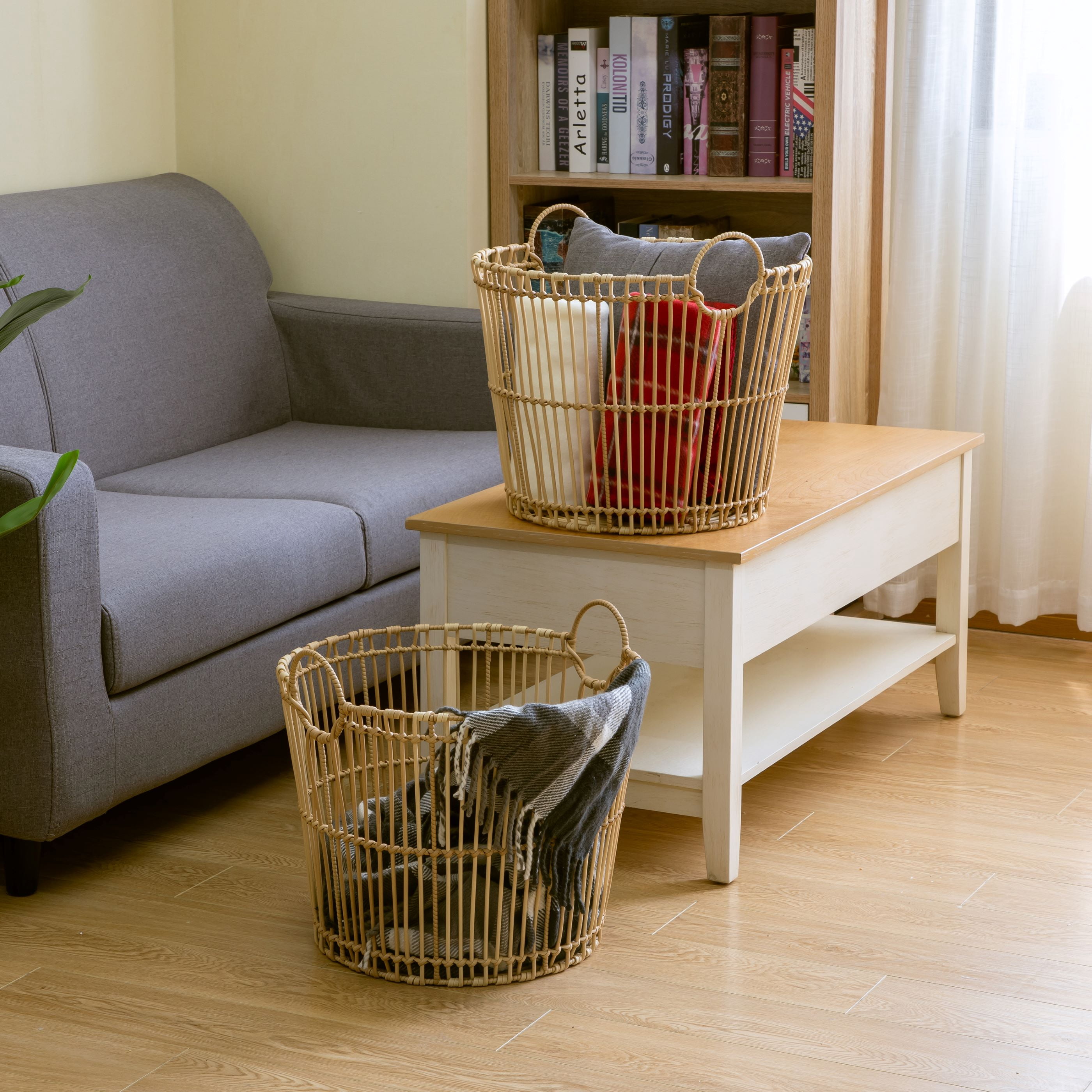 Better Homes & Gardens Large Light Natural Open Poly Rattan Storage Basket with Handles, 2 Pack