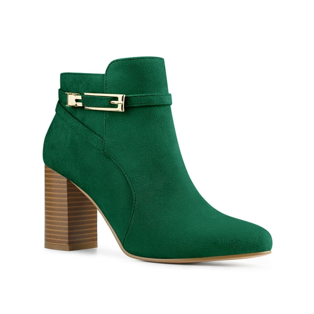 Unique Bargains Bottines à Talon Épais à Bout Rond avec Boucle pour Femme Vert (Taille 6,5)